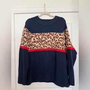 Aerie Navy and Leopard Print Crew Neck Sweater